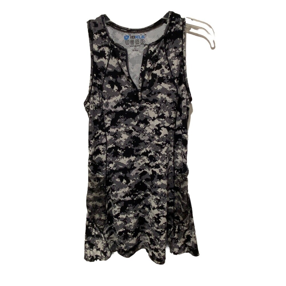 IBKUL CAMO GRAY BLACK Sleeveless Polo Tennis Golf Pickle‎ Ball Mini Dress Sz S